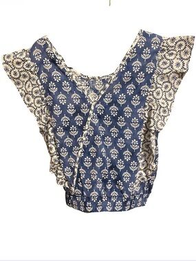 Mayoral Printed Navy and Cream Flutter Sleeve Top Tie Waist Detail NWT size 10